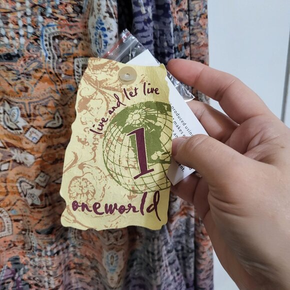 ONE WORLD Women's XL Rhinesonte Burnout Boho Blouse Top Roll Tab Sleeves NWT - Picture 6 of 10